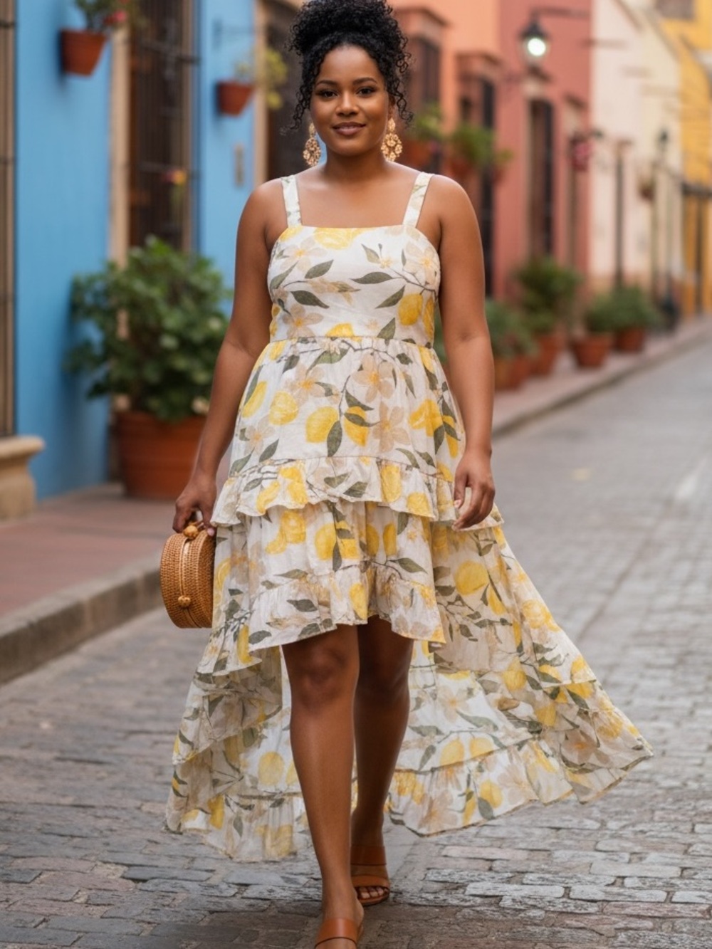 TRIXXI Linen blend Lemon smocked high-low ruffle dress